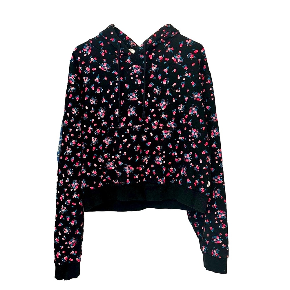 Vans Black Cropped Hoodie with Pink Floral Pattern